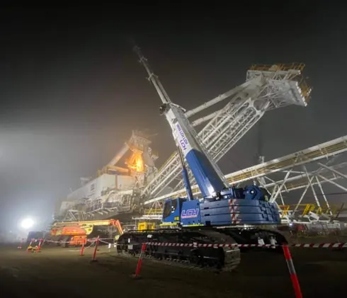 An LCH crawler crane working at night