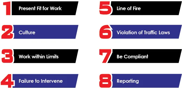 The LCH 8: Present Fit for Work, Culture, Work within Limits, Failure to Intervene, Line of Fire, Violation of Traffic Laws, Be Compliant, Reporting