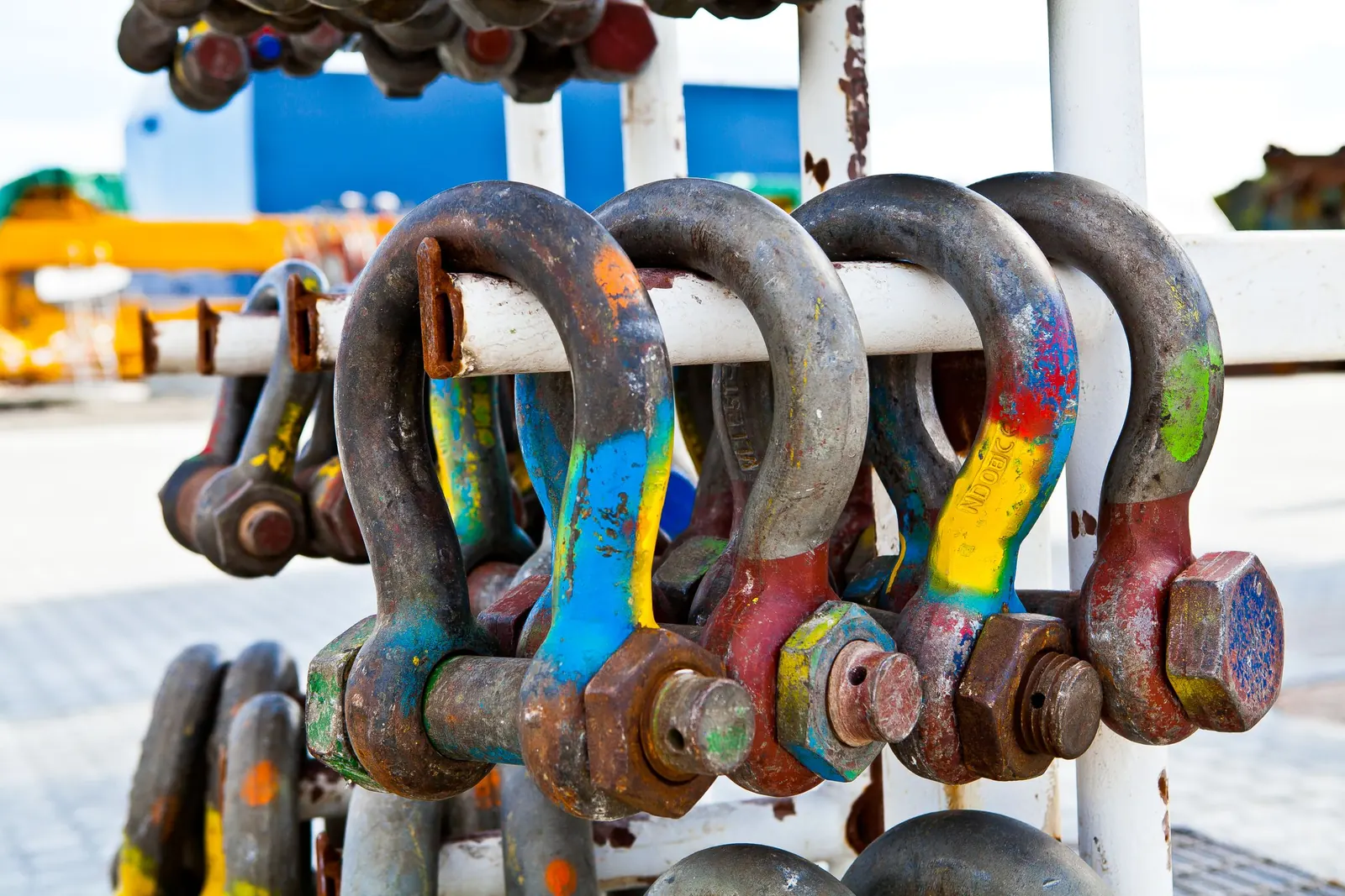 Bow shackles on a rack